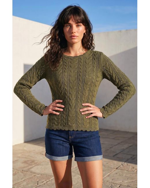 Roman Green Scallop Trim Cable Knit Jumper