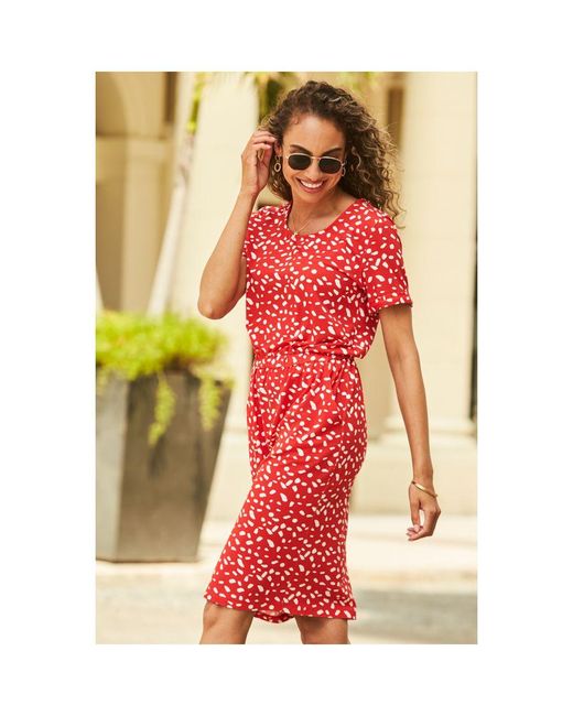 Sosandar Red Fleck Print Stretch Waist T-Shirt Dress Denim