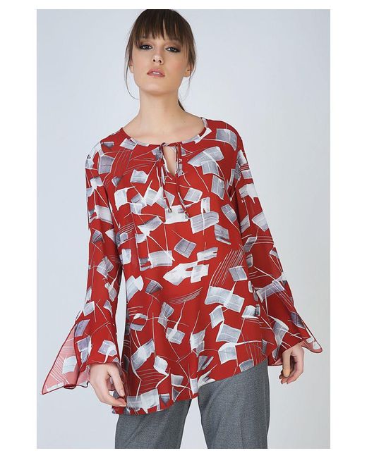 Conquista Red Loose Fit Print Top With Bell Sleeves