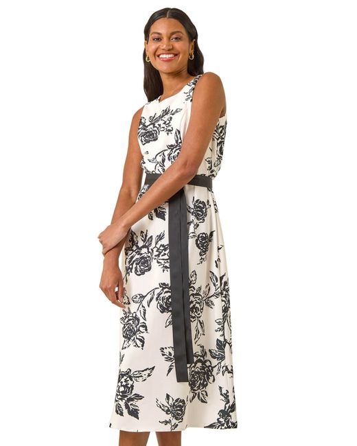 Roman White Monochrome Printed Satin Midi Dress