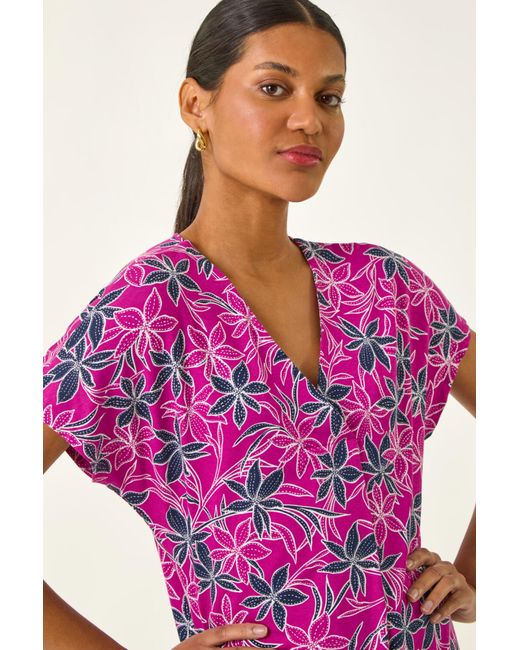 Roman Pink Floral Print Pleat Front Stretch Top