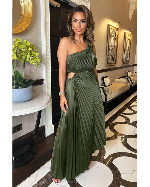 AX Paris Green One Shoulder Pleated Satin Midi Dress