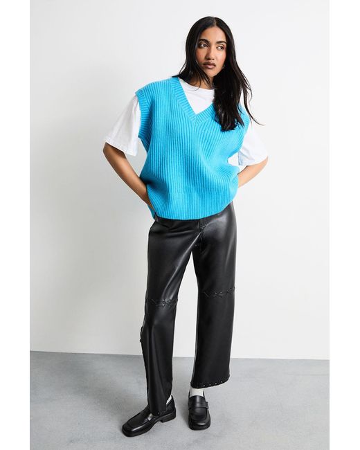 Warehouse Blue Faux Leather Whipstitch Detail Straight Leg Trouser