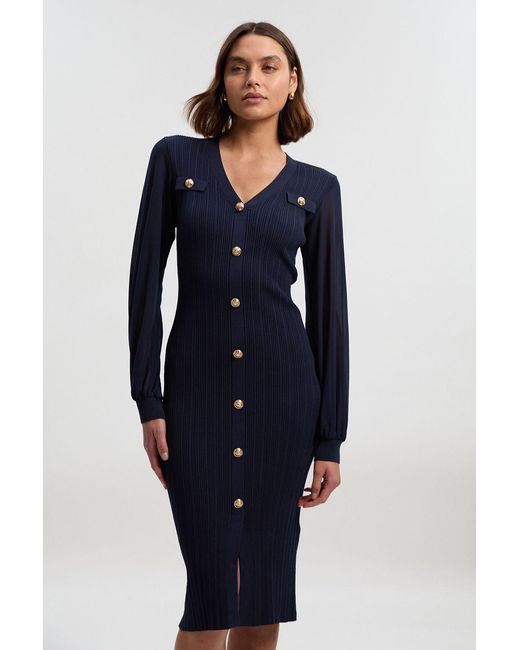 Karen Millen Blue Viscose Blend Rib Knit Chiffon Sleeve Midi Dress