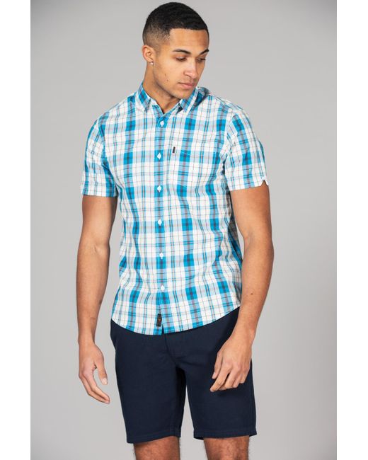 Tokyo Laundry Blue Cotton Short Sleeve Button-Up Checked Shirt for men