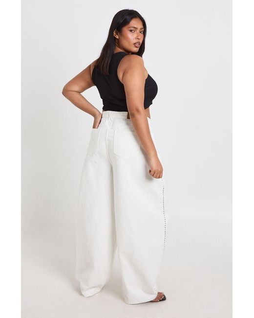 Boohoo White Plus Studded Mid Wait Barrel Jean