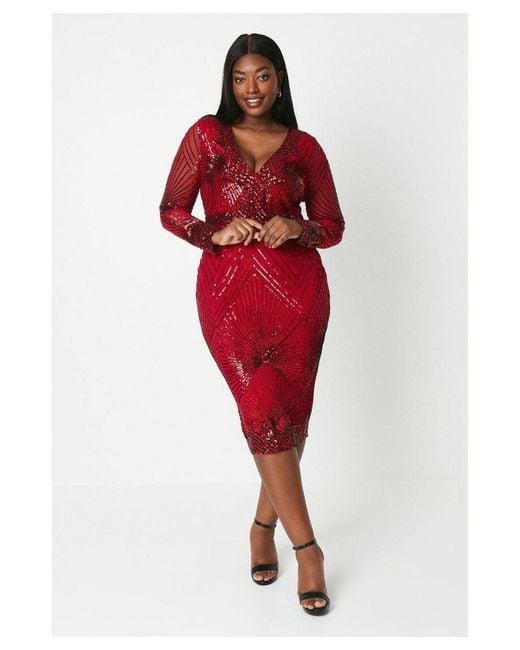 Coast Red Plus V Neck Sequin Midi Dress