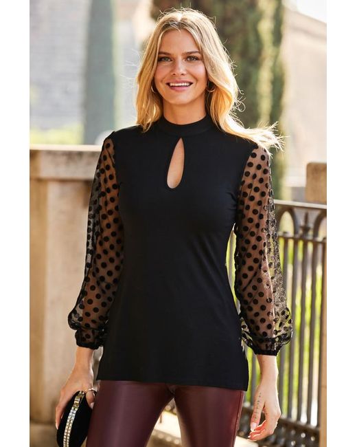 Sosandar Black Spot Mesh Sleeve Keyhole Detail Tunic Top Viscose