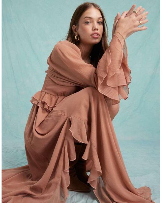 Miss Selfridge Brown Chiffon Ruffle Maxi Dress