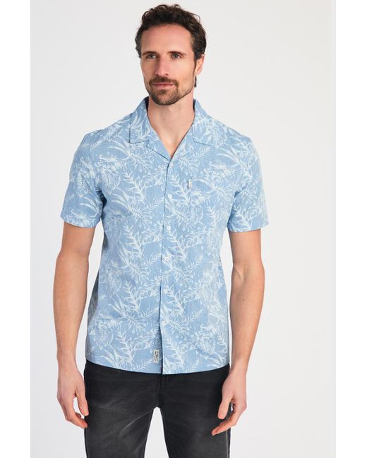 Tokyo Laundry Blue Cotton Printed Chambray Short Sleeve Shirt for men