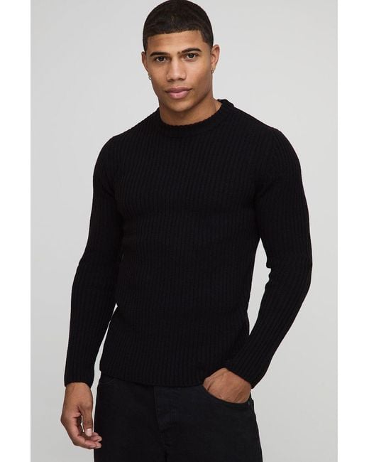 BoohooMAN Black Muscle Fit Ribbed Knitted Jumper for men