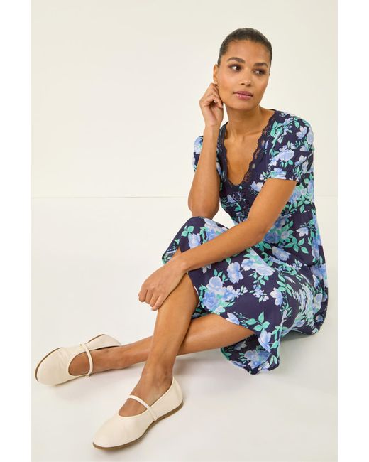 Roman Blue Floral Lace Trim Midi Dress