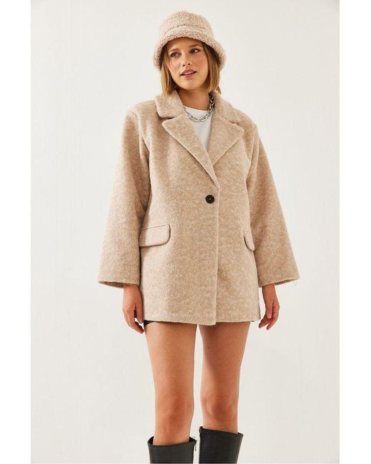 Bianco Lucci Natural Oversized Plush Coat With Shawl Collar And Pocket
