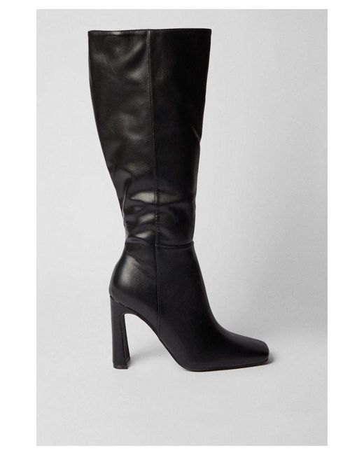MissPap Gray Leather Look Knee High Block Heeled Boots