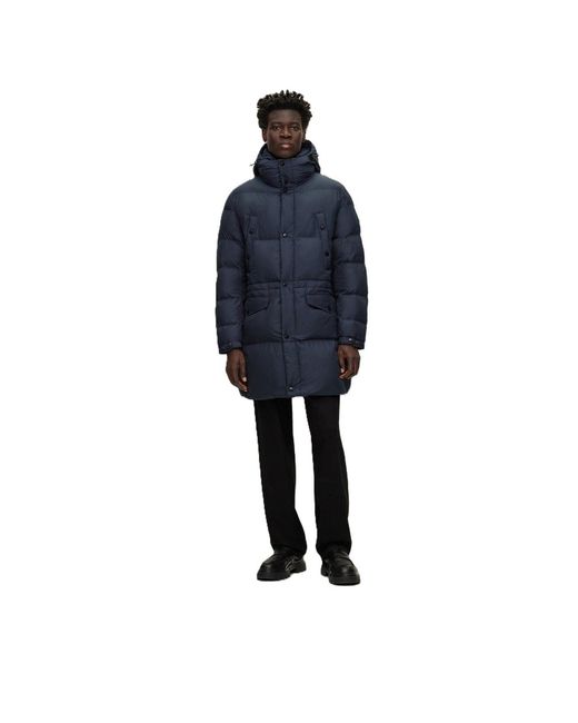 Boss Blue Solid Patterned Hooded Puffer Coat for men