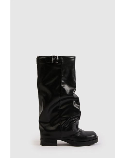 Boohoo Black Fold Over Buckle Knee High Boot