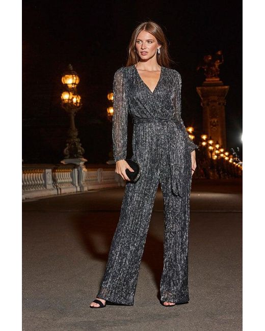 Sosandar Black Sparkle Plisse Wrap Front Wide Leg Jumpsuit