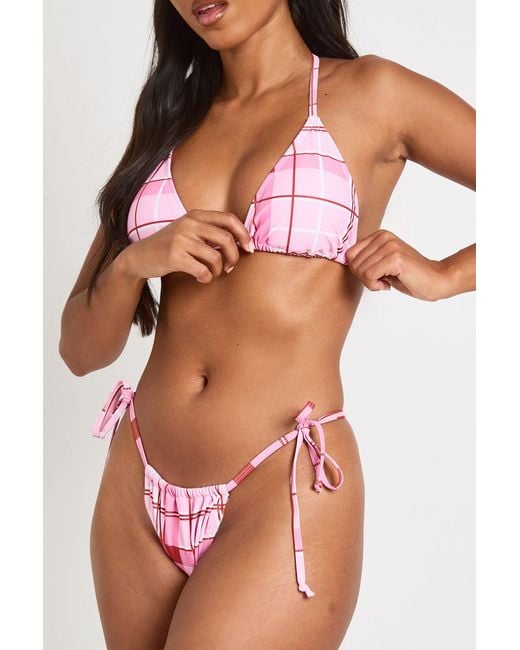 Boohoo Pink Check Print Triangle Bikini Top And Tie Side Bottoms Set