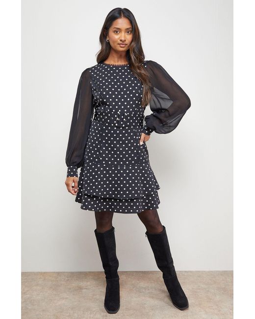 Oasis Blue Polkadot Belted Balloon Sleeve Flippy Mini Dress