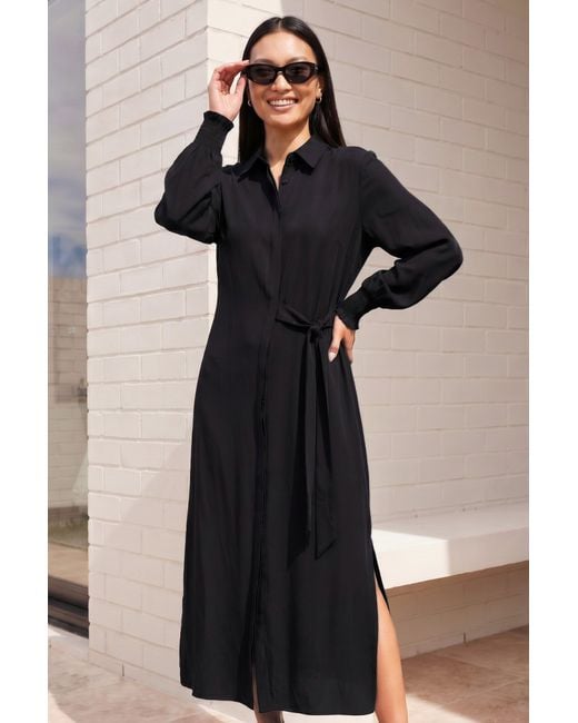 Roman Black Tie Waist Buttoned Shirt Dress