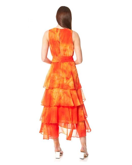 Roman Orange Tie Dye Print Layer Midi Dress