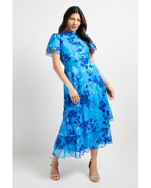 Wallis Blue Floral Burn Out Ruffle Midi Dress