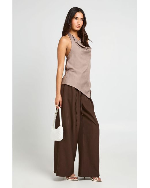 Boohoo Brown Tie Panel Detail Wide Leg Tailored Trousers