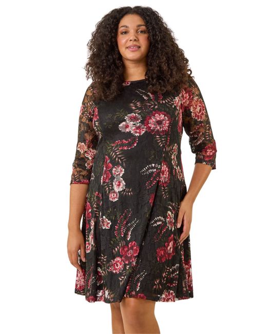 Roman Red Curve Floral Print Lace Dress