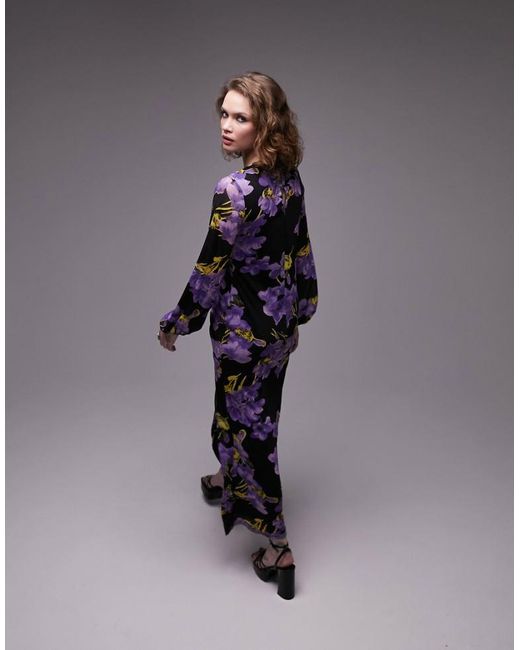 TOPSHOP Blue V Neck Long Sleeve Mesh Floral Print Midi Dress