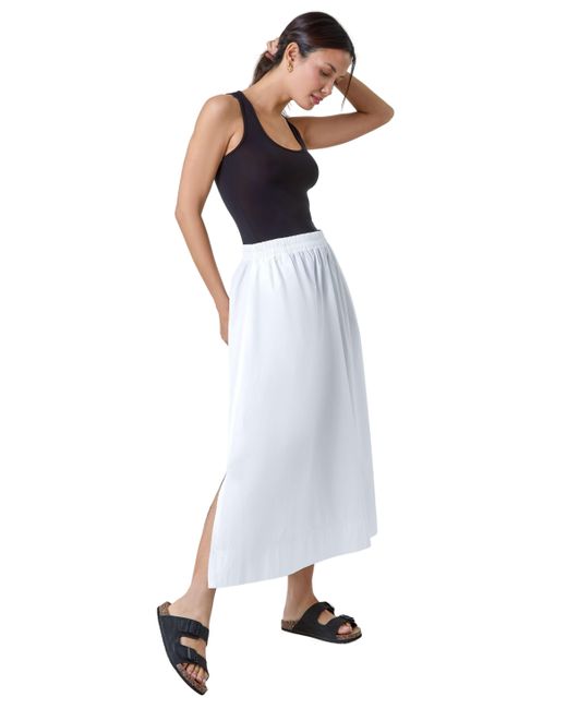 Roman White Elastic Waist Cotton Poplin A Line Pocket Skirt