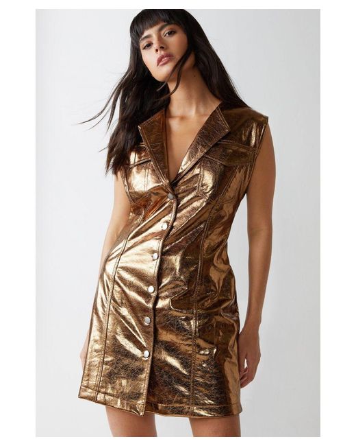 Warehouse Brown Metallic Crackle Faux Leather Mini Dress