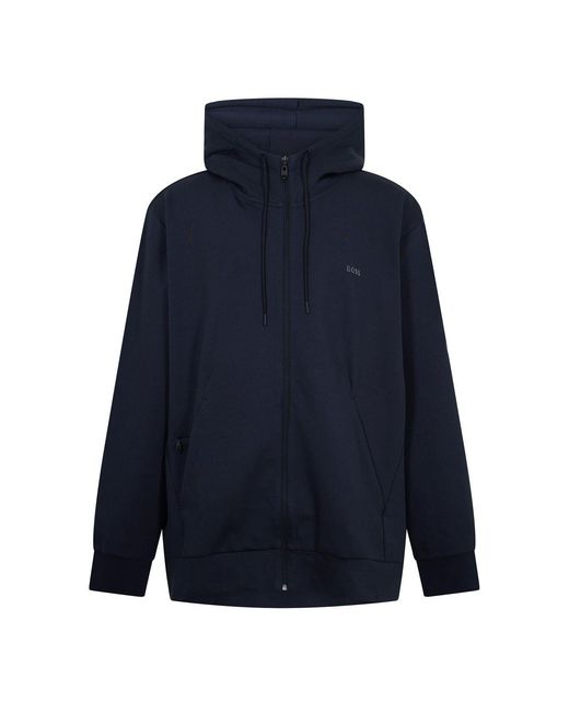 Boss Blue Saggy Solid Patterned Hooded Drawstring Ribbed Cuff Sweat Jacket for men