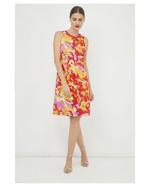 Conquista Red Sleeveless Pleat Detail Cotton Dress