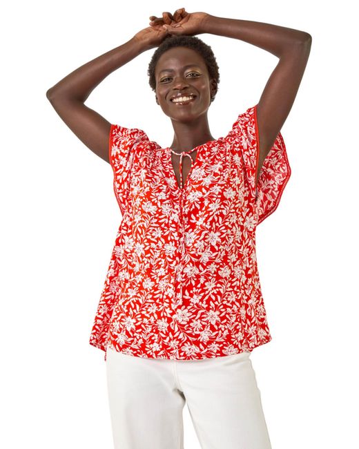 Roman Red Floral Print Frill Sleeve Tie Top
