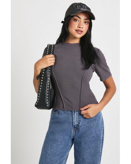 Boohoo Blue Rib Cinched Waist Seam Detail Fitted Top