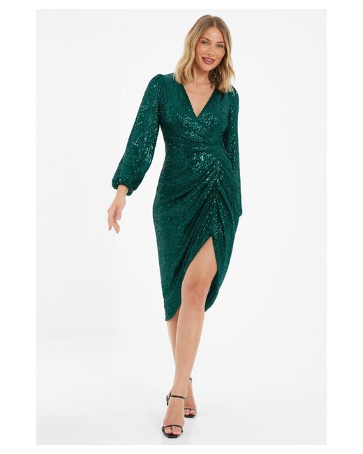 Quiz Green Bottle Sequin Ruched Midi Dress