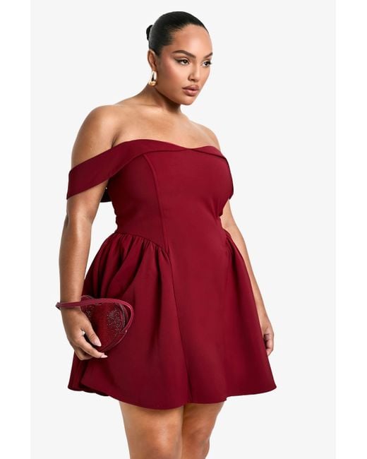 Boohoo Red Plus Off The Shoulder Pleated Skater Dress