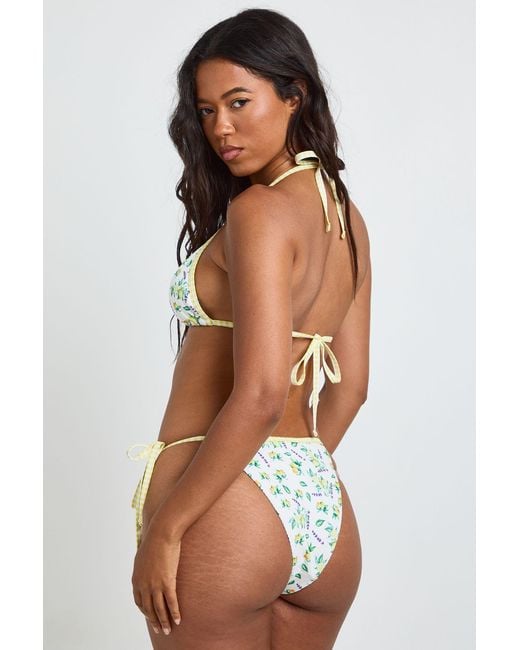 Boohoo Brown Lemon Print Triangle Bikini Top & Tie Side Bottom Set
