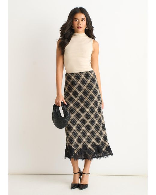 Gini London White Mono Check Contrast Lace Bias Skirt