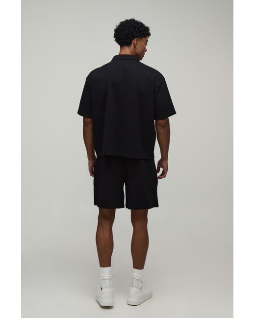 BoohooMAN Black Oversized Boxy Interlock Half Sleeve Polo And Pintuck Short Set for men