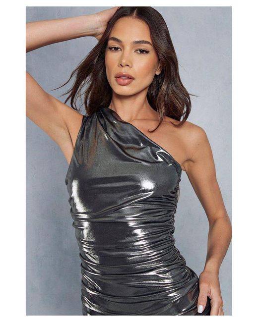 MissPap Gray Metallic Ruched One Shoulder Mini Dress