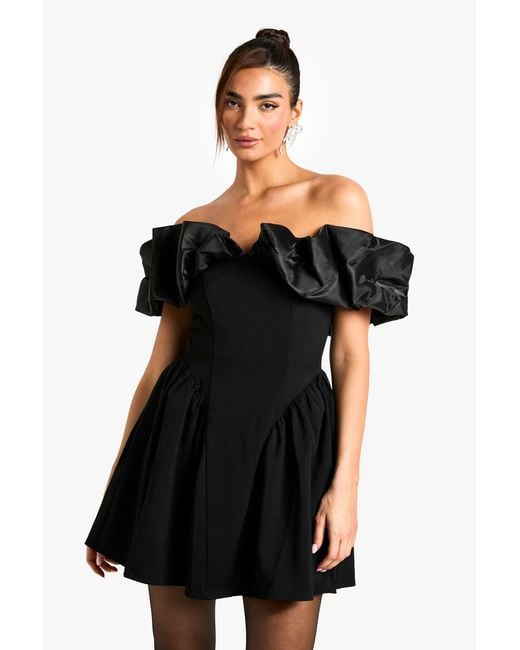 Boohoo Black Extreme Taffeta Ruffle Bardot Structured Skater Dress