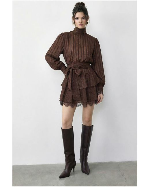 Bianco Lucci Brown Textured Mini Dress With Half Turtleneck And Lace Detail