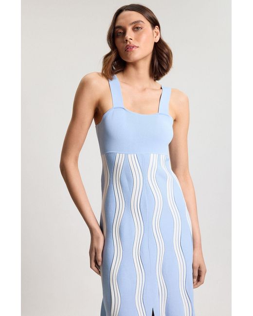 Karen Millen Blue Petite Contrast Wave Knit A-Line Knitted Strappy Dress