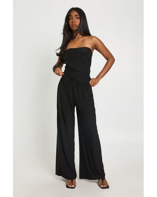 Boohoo Blue Ruched Bandeau And Wide Leg Trouser Co Ord