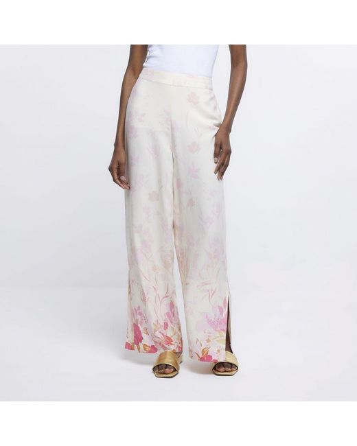 River Island Wide Leg Trousers Pink Floral Print Viscose