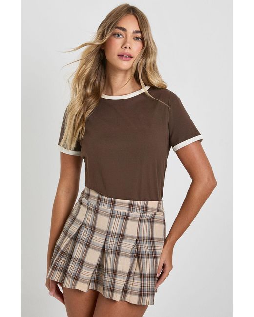 Boohoo Brown Box Pleat Check Mini Skirt