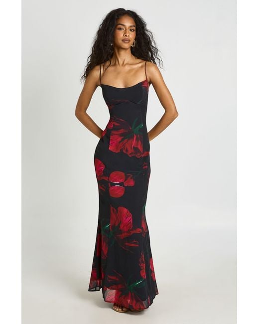 Boohoo Red Large Floral Bust Detail Fitted Maxi Dress