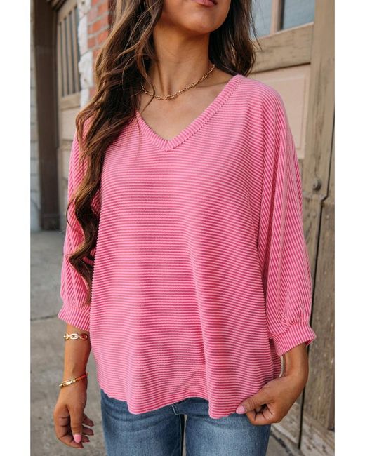 Azura Exchange Aardbeiroze Gestreepte Print Mouwen Top Met V-hals in het Pink