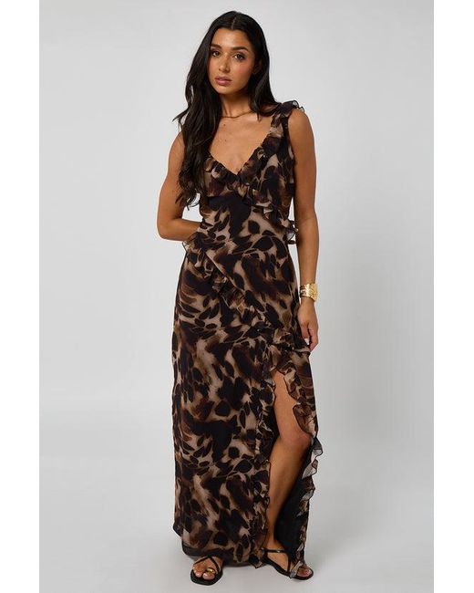 Urban Bliss Brown Tortoise Print Ruffle Maxi Dress